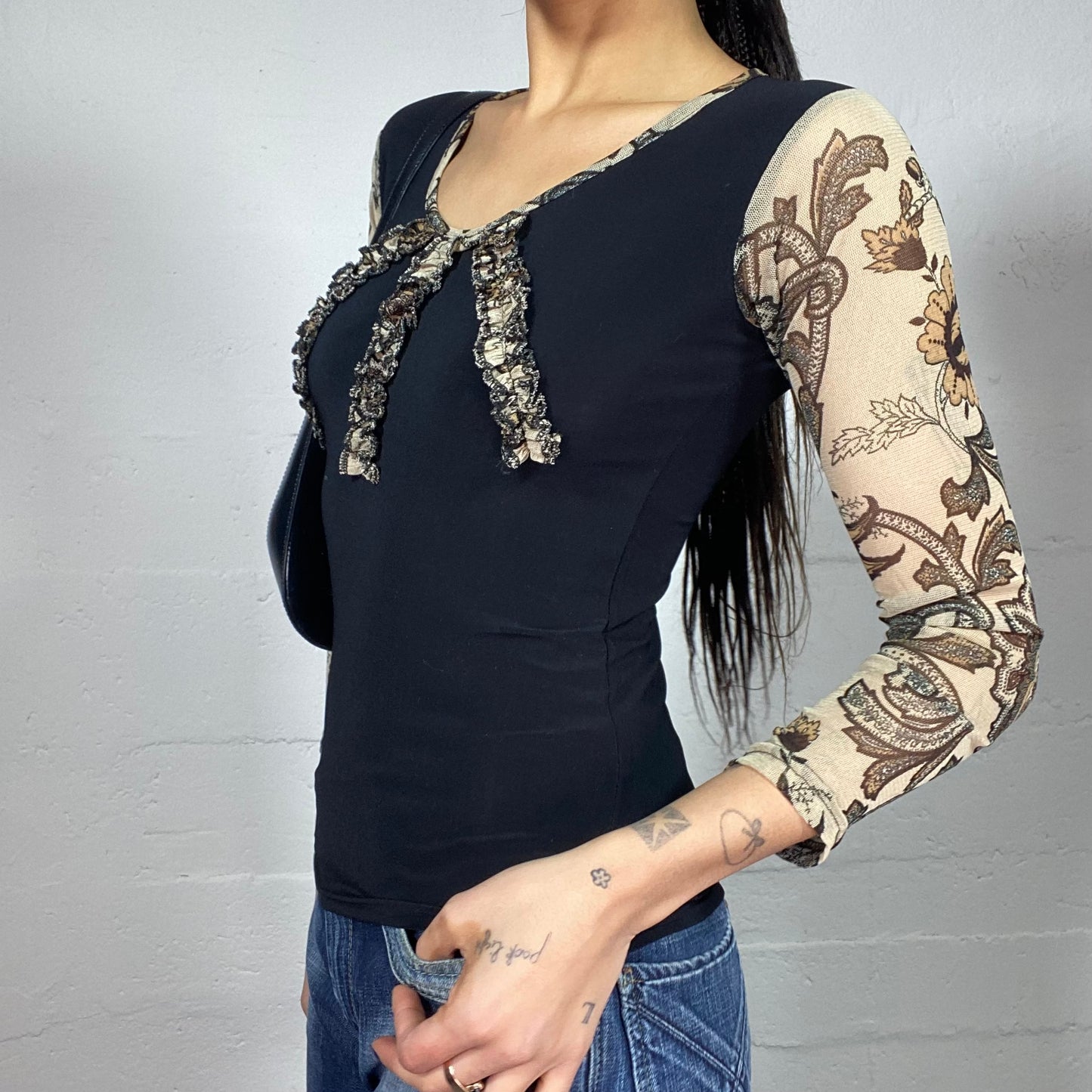 Vintage 90's Coquette Black Top with Beige Mesh Printed Longsleeves Detail (S)