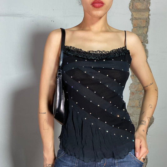 Vintage 2000's Indie Black Chiffon Top with Lace Trim (S)