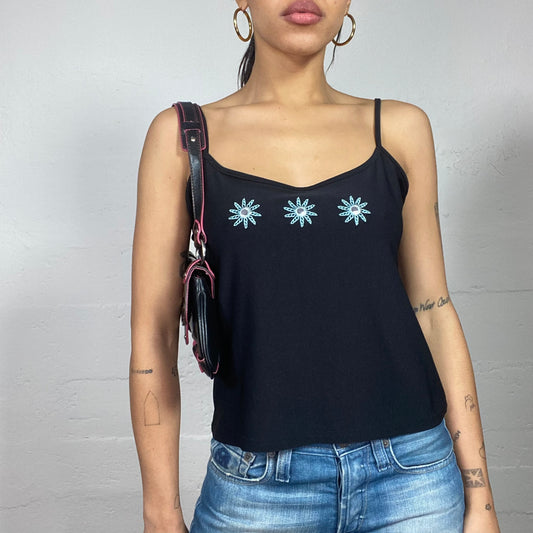 Vintage 2000's Cute Black Top with Blue Mirroed Floral Embroidery (S)