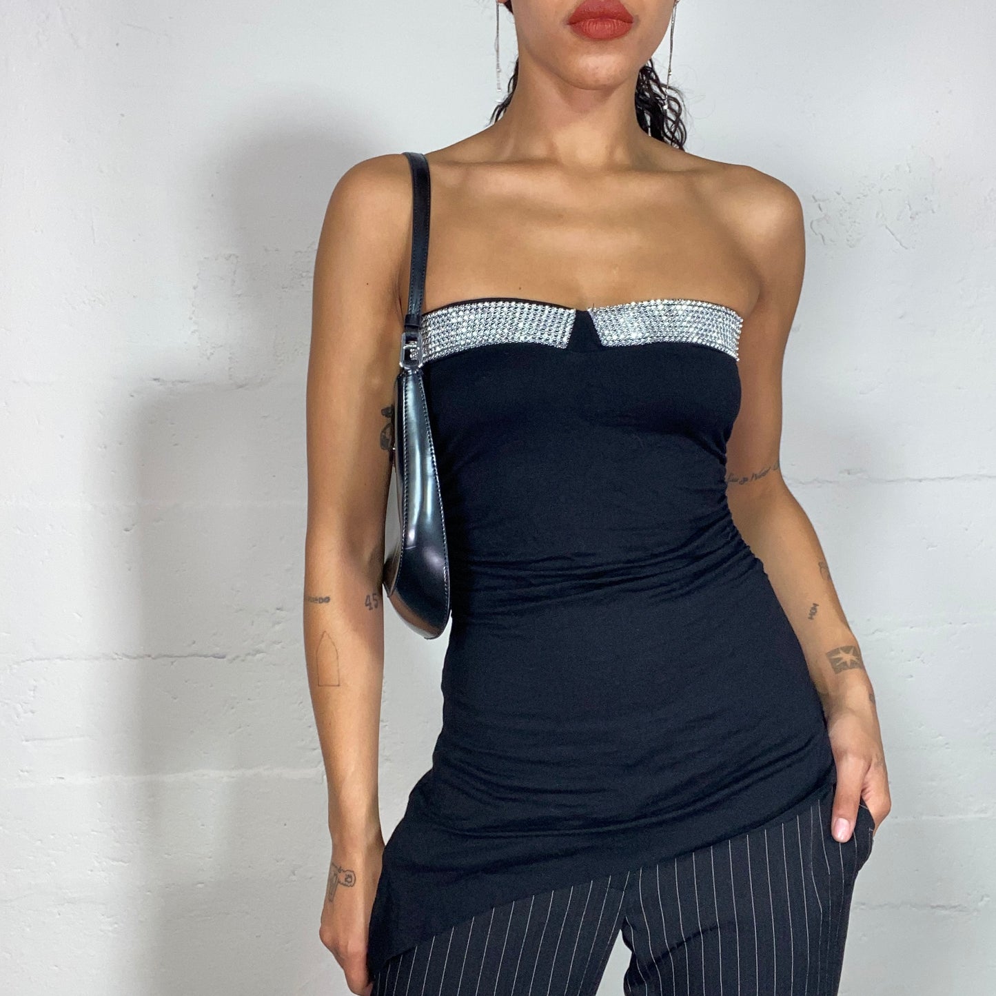 Vintage 2000's Clubwear Black Asymmetrical Strapless Top with Rhinestone Trim Detail (S)