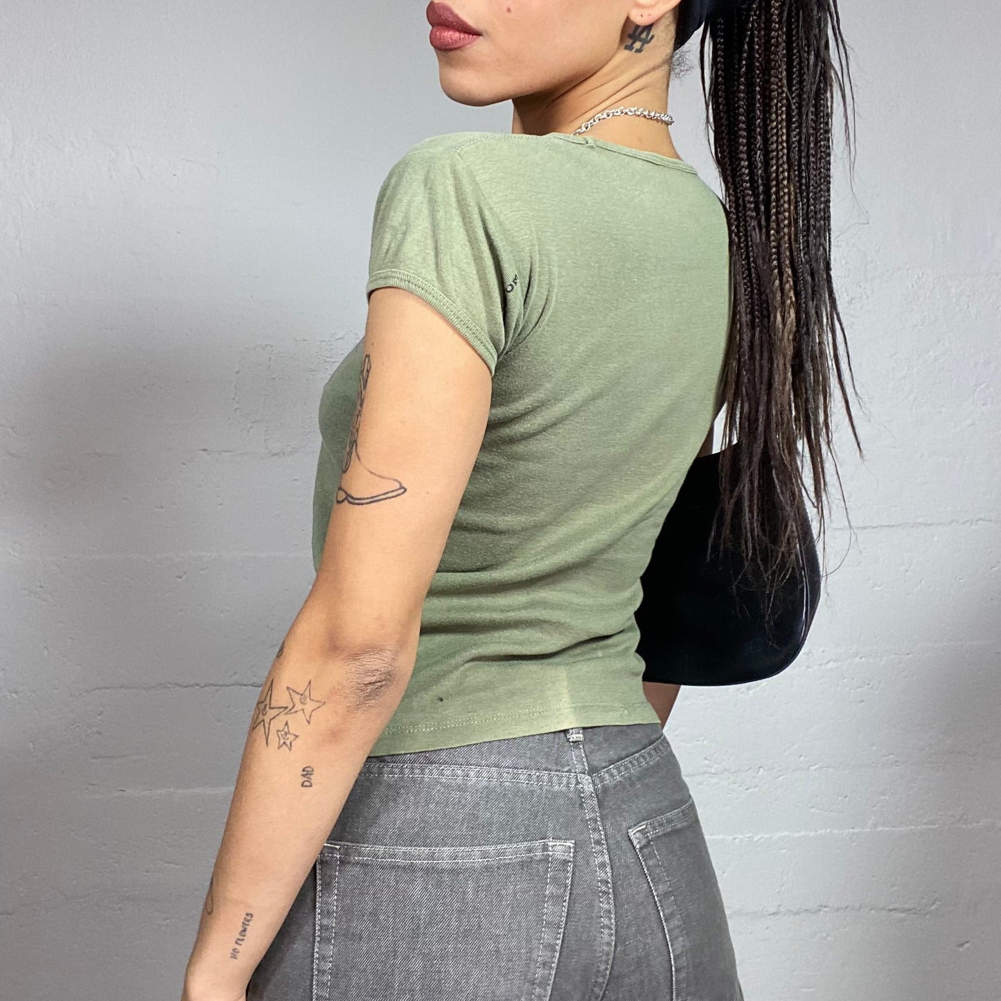 Vintage 2000's Volcom Downtown Girl Khaki Top with Pink Diamond Print (S)