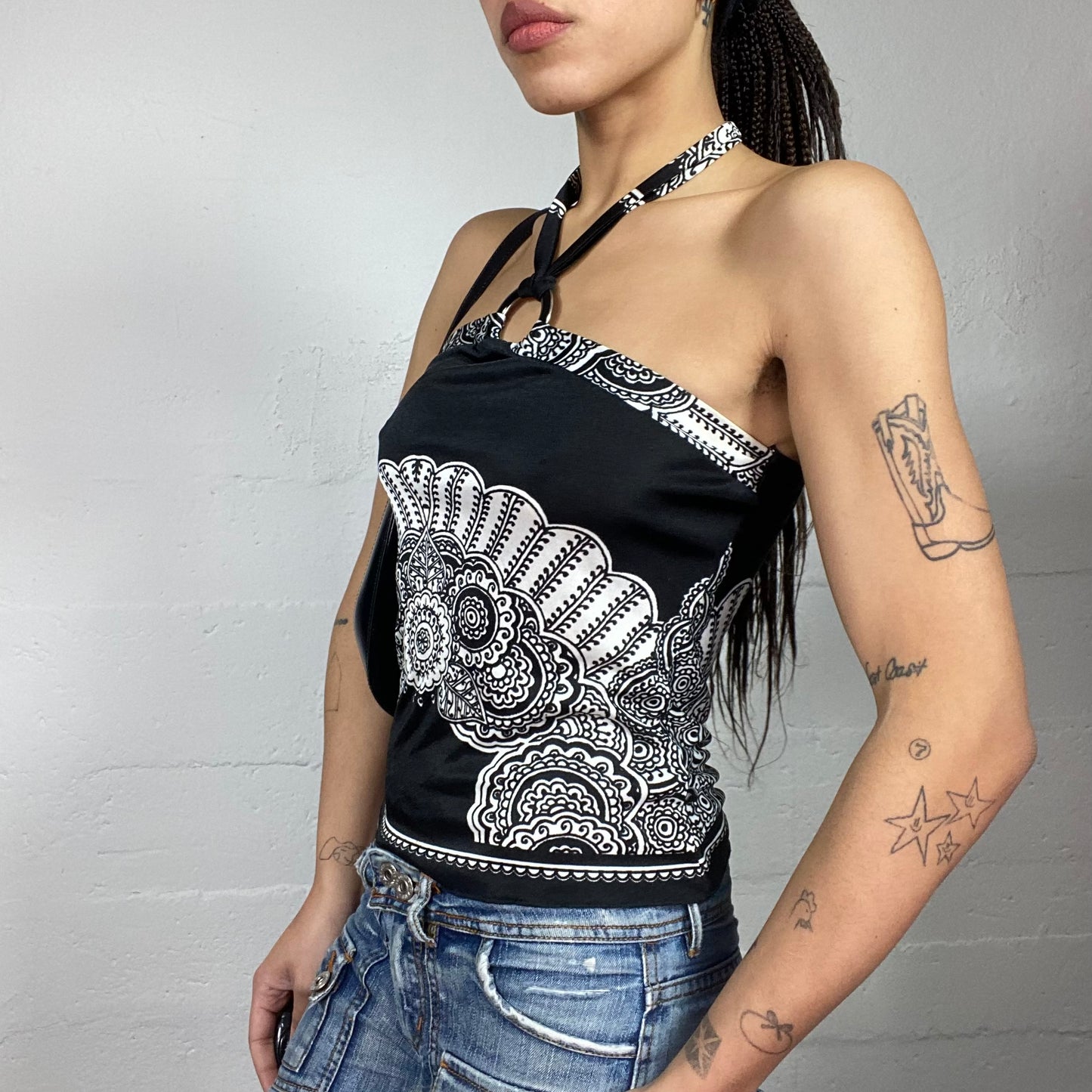 Vintage 2000's Morgan Indie Black Neckholder Top with White Ethnic Print (S)