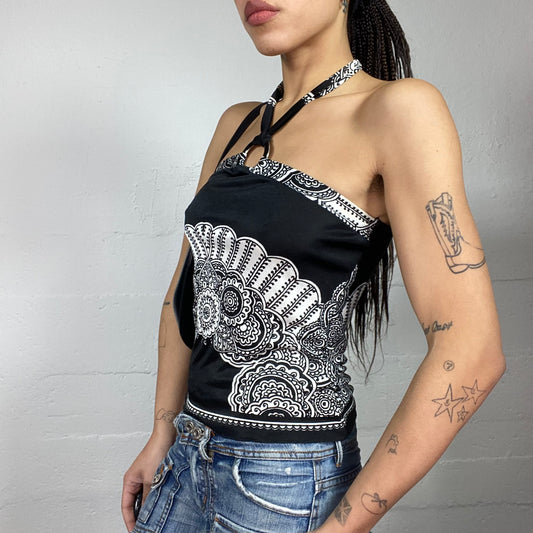 Vintage 2000's Morgan Indie Black Neckholder Top with White Ethnic Print (S)