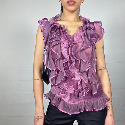 Vintage 2000's Romantic Girl Purple Top with Maxi Frilled Material Detail (S)
