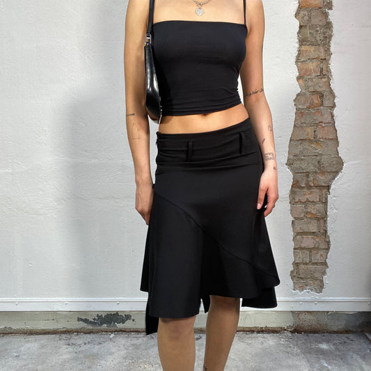 Vintage 2000's Sleaze Black Midi Skirt with Asymmetrical Hem (S)