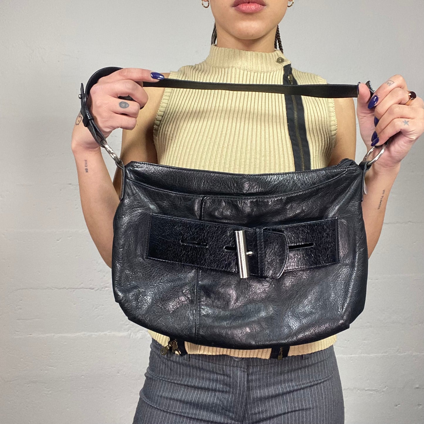 Vintage 2000's Model Off Duty Black Leather Shoulder Bag with Frontal Belt Detail