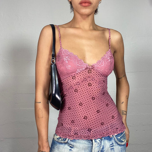 Vintage 2000's Soft Girl Pastel Pink Cami Top with Floral Print and Laced Chest Detail (S)