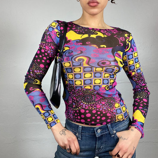 Vintage 2000's Funky Girl Black Mesh Lonngsleeve Top with Wavy Print (S)