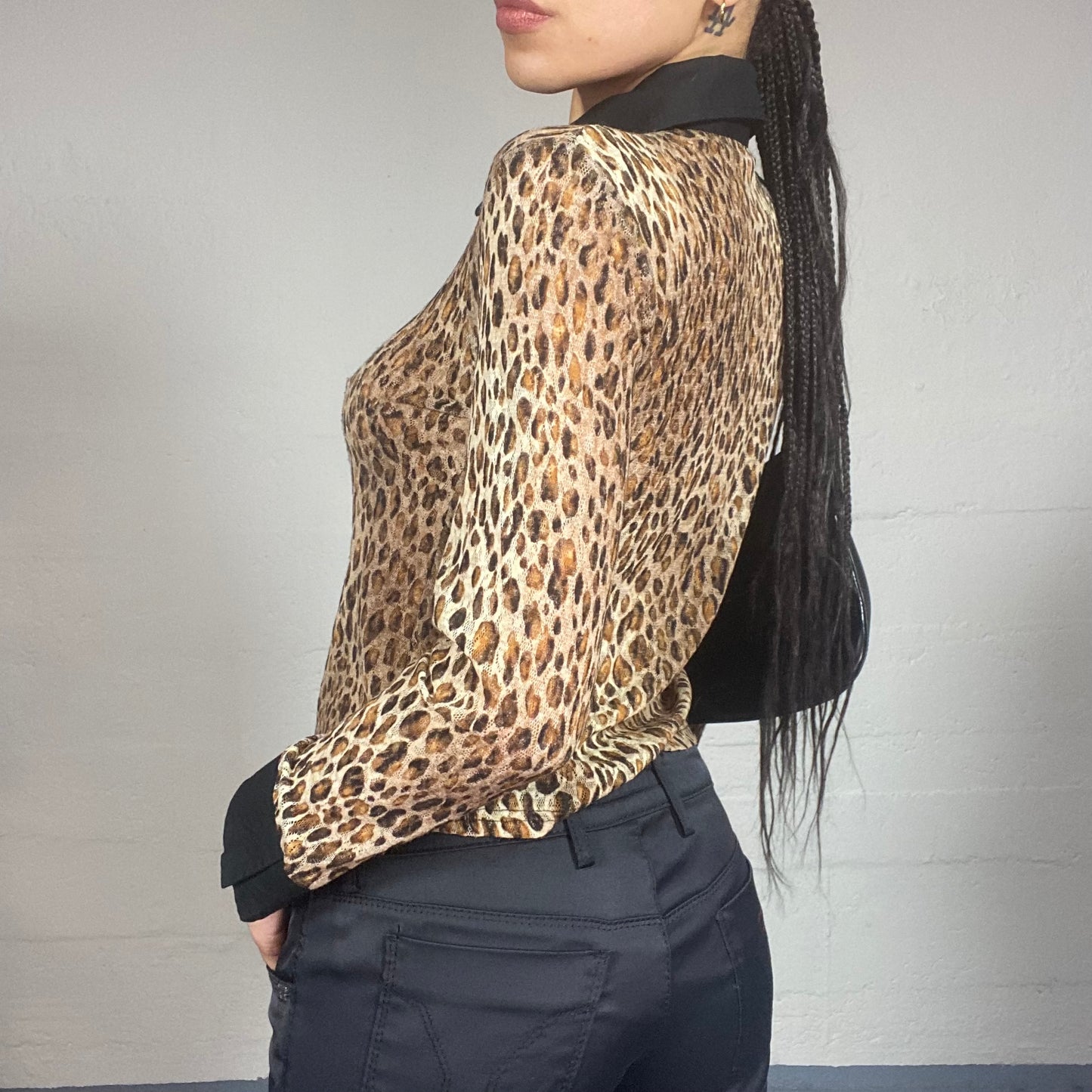 Vintage 90's Mob Wife Brown Zip Up Longlseeve Shirt with Cheetah Print (S/M)