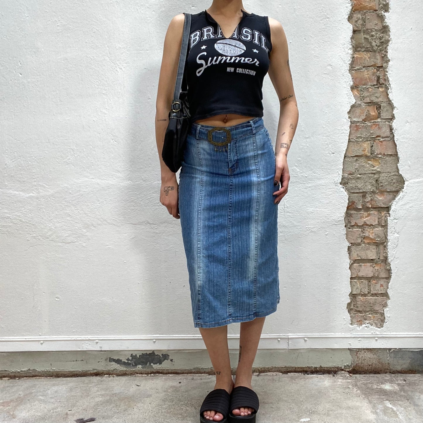 Vintage 2000's Western Denim Midi Skirt with Big Bras Buckle (S)