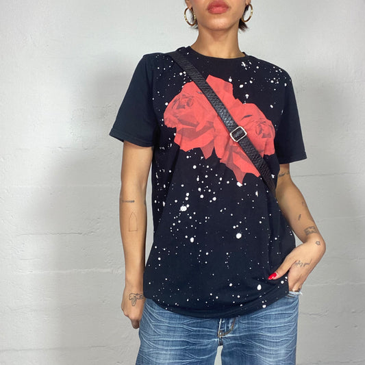 Vintage 90's Punk Black Oversized Tee with Red Rose Print (L)