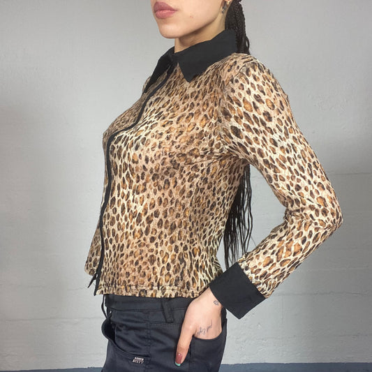 Vintage 90's Mob Wife Brown Zip Up Longlseeve Shirt with Cheetah Print (S/M)