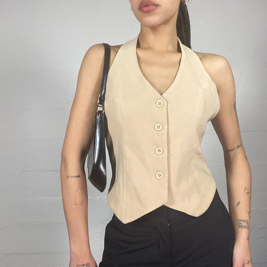 Vintage 90's Rachel Green Beige Vest Top with Buttons Detail (S)