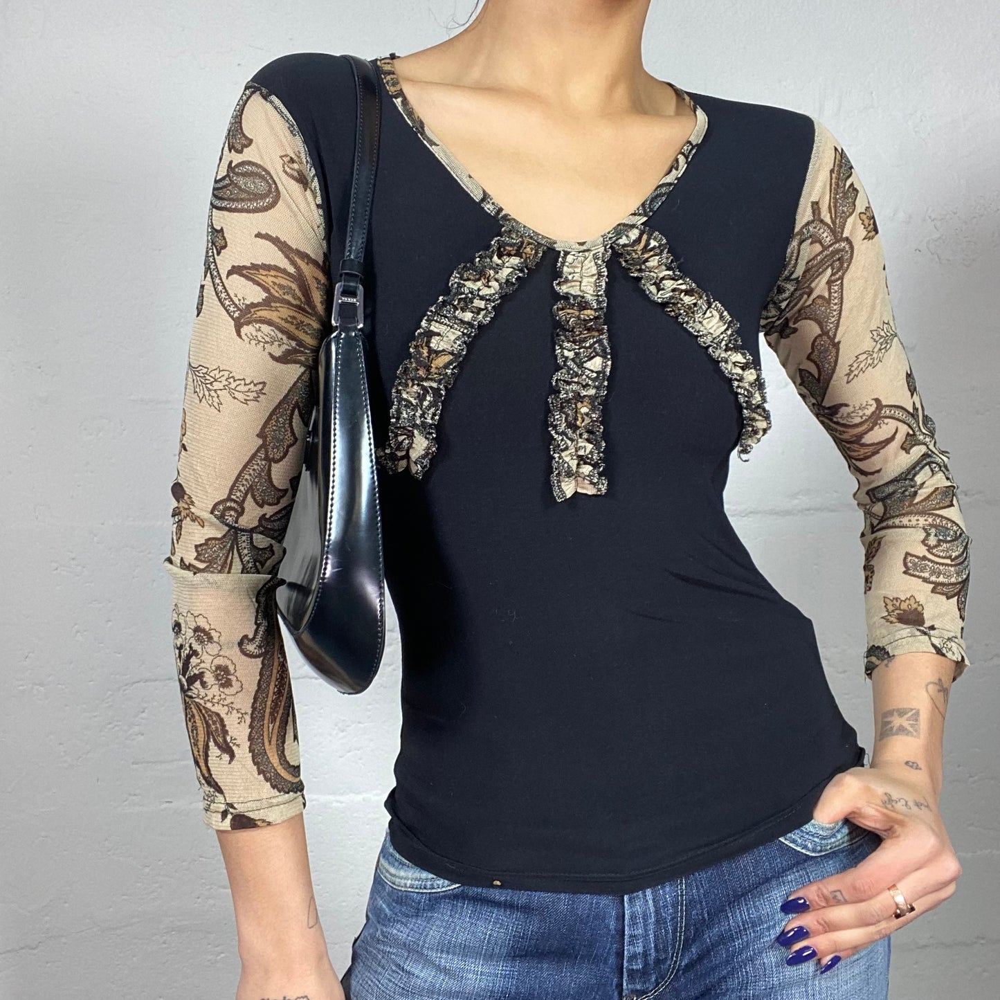 Vintage 90's Coquette Black Top with Beige Mesh Printed Longsleeves Detail (S)