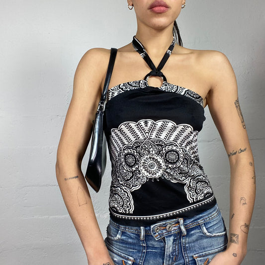 Vintage 2000's Morgan Indie Black Neckholder Top with White Ethnic Print (S)
