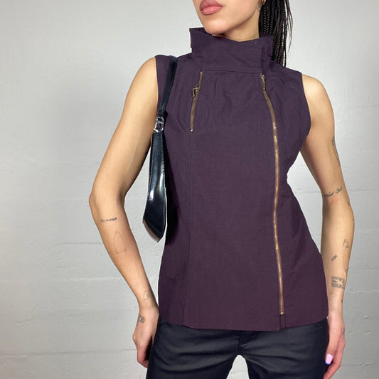 Vintage 2000's Cyber Girl Brown Vest Top with Side Zip Up Detail (M)