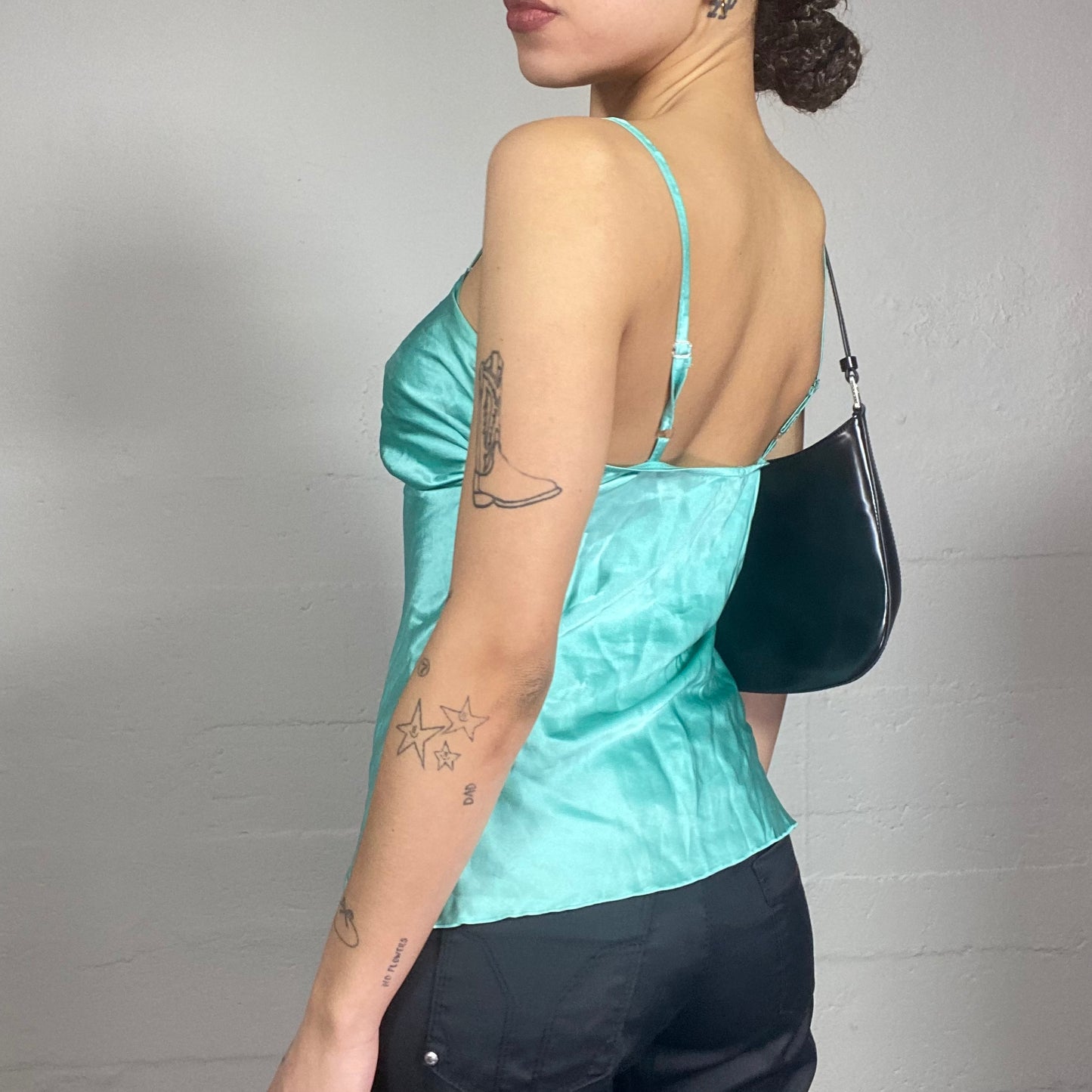 Vintage 2000's Festive Blue Satin Top with Beaded Flower Detail (S)