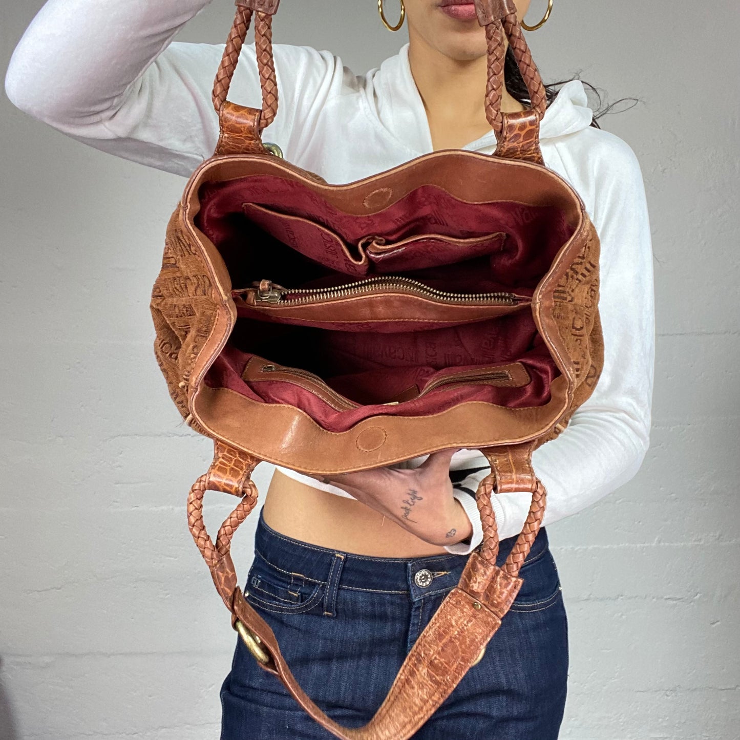 Vintage 2000's Just Cavalli Brown Maxi Leather Shoulder Bag with Monogram Brand Print