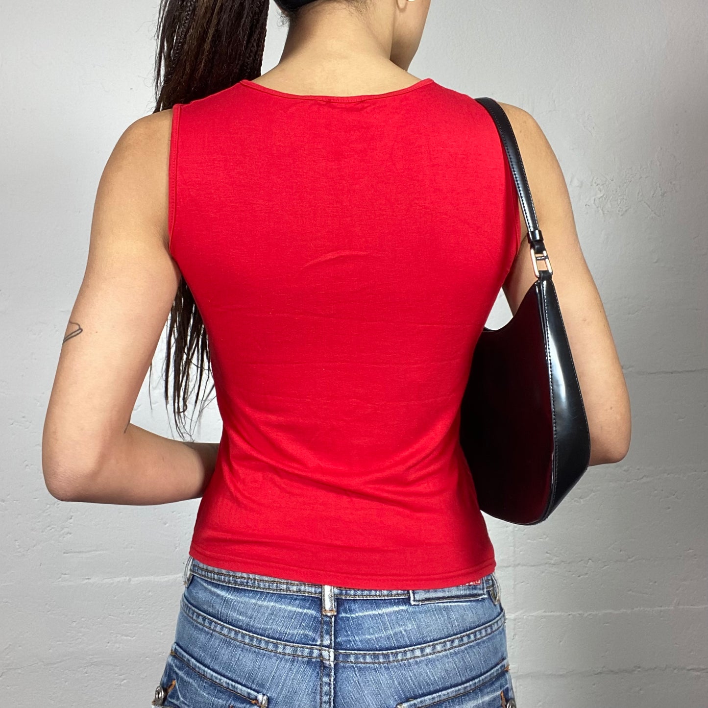 Vintage 2000's Girl Pop Red Top with "Sixties" Silver Woman Portrait Print (S)