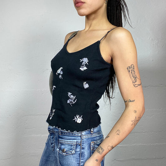 Vintage 90's Downtown Girl Black Top with White Flroal Print (S)