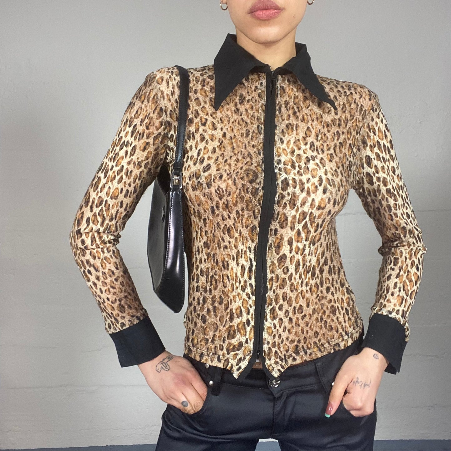 Vintage 90's Mob Wife Brown Zip Up Longlseeve Shirt with Cheetah Print (S/M)