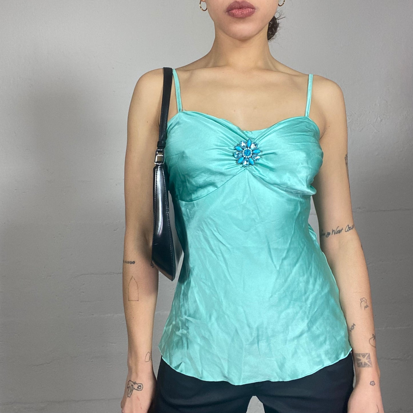 Vintage 2000's Festive Blue Satin Top with Beaded Flower Detail (S)