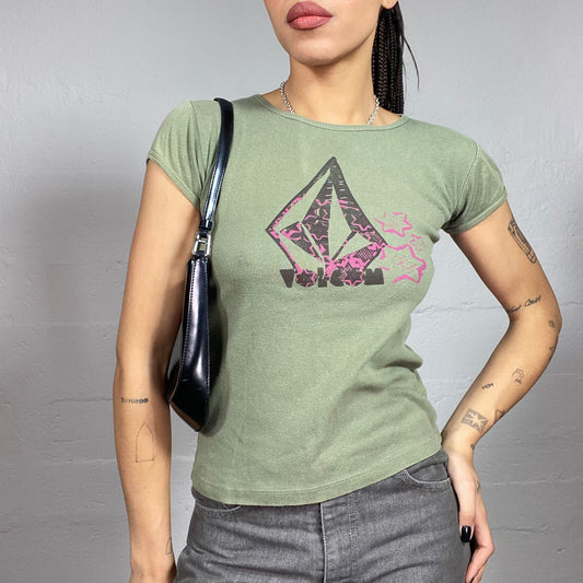 Vintage 2000's Volcom Downtown Girl Khaki Top with Pink Diamond Print (S)