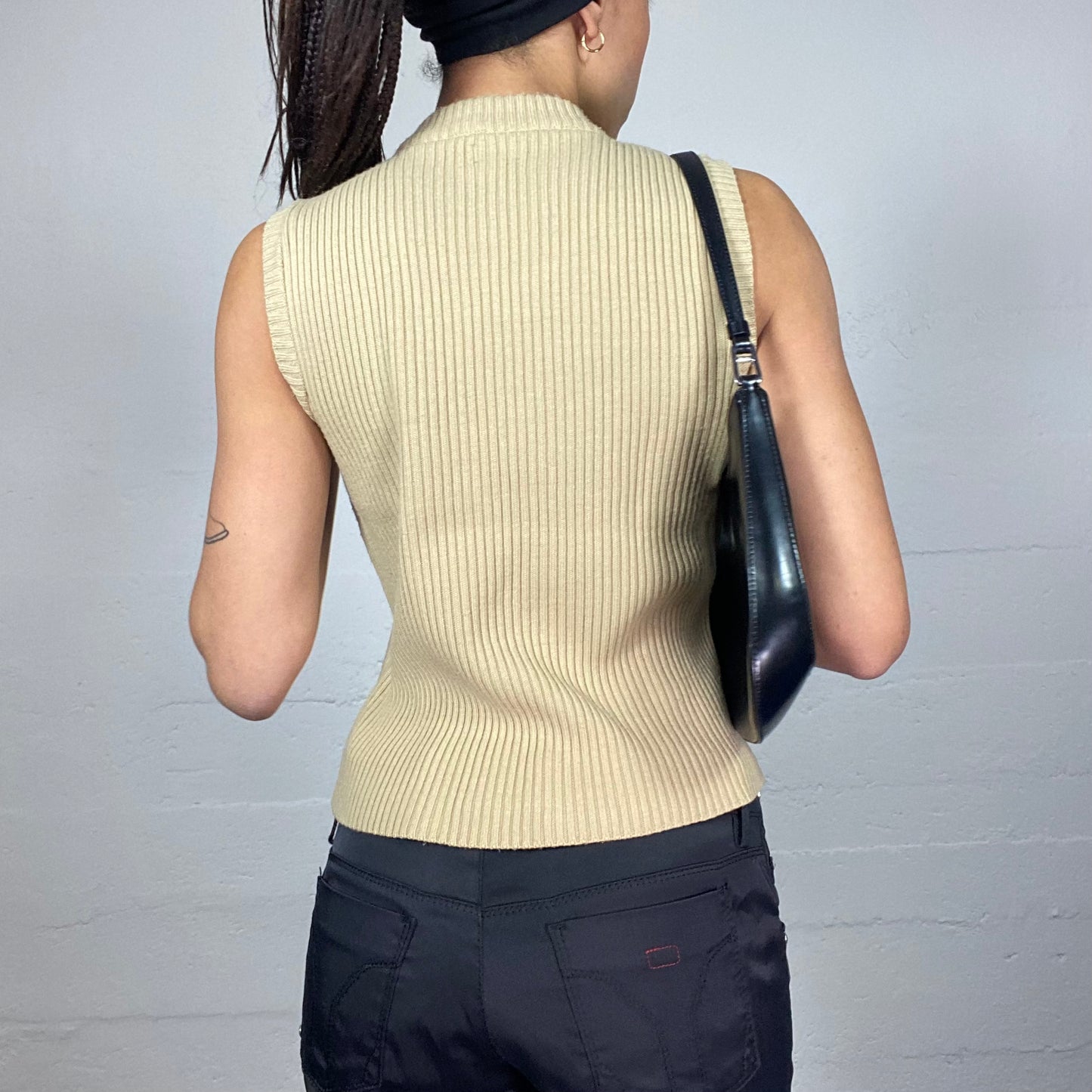 Vintage 2000's Cyber Girl Beige Ribbed Knit Vest Top with Side Zip Up Detail (M)
