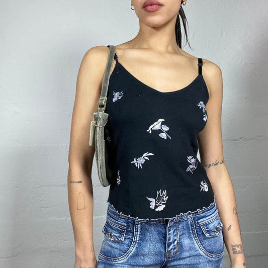 Vintage 90's Downtown Girl Black Top with White Flroal Print (S)