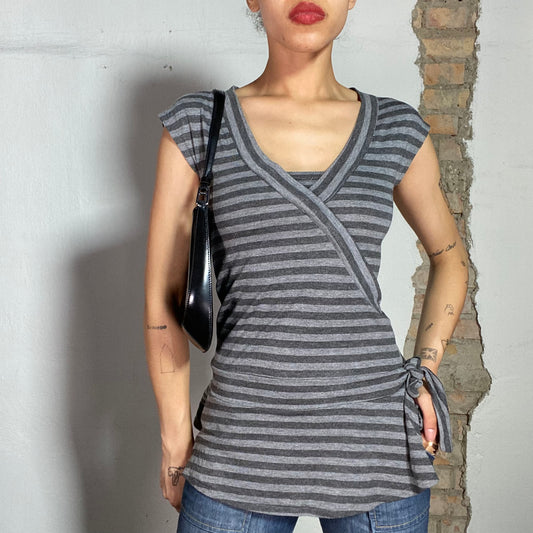 Vintage 2000's Sleaze Grey Striped V-Neck Long Shirt (S)