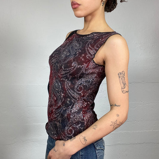 Vintage 90's Clubwear Red Tie Dye Top with Paisley Print (S)