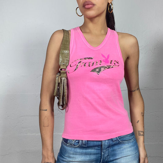 Vintage 2000's Playboy Archive Pink Top with Khaki Camo "Famous" Print (S)