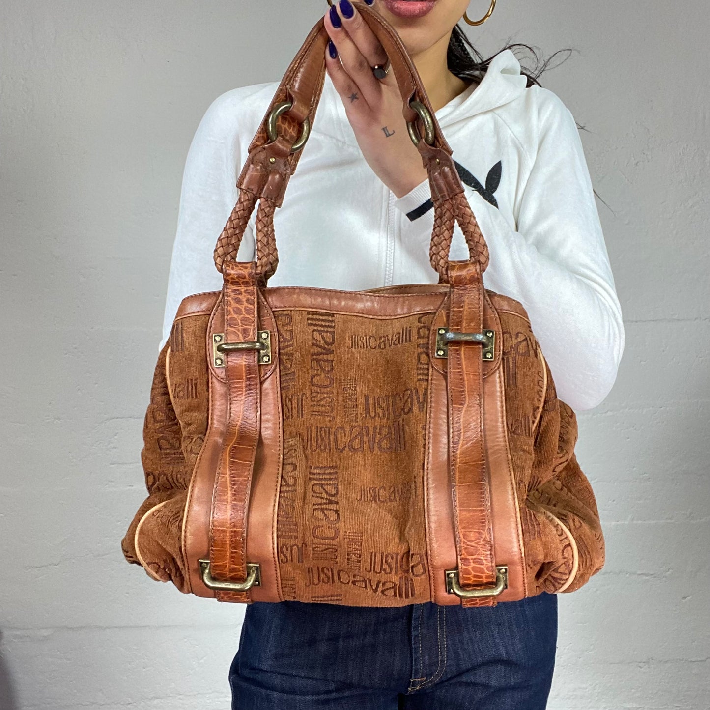 Vintage 2000's Just Cavalli Brown Maxi Leather Shoulder Bag with Monogram Brand Print