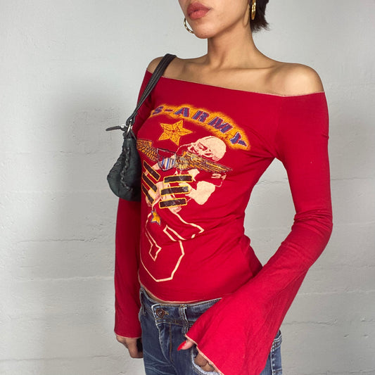 Vintage 2000's Streetwear Red Off Shoulder Top with US Army Print (S/M)