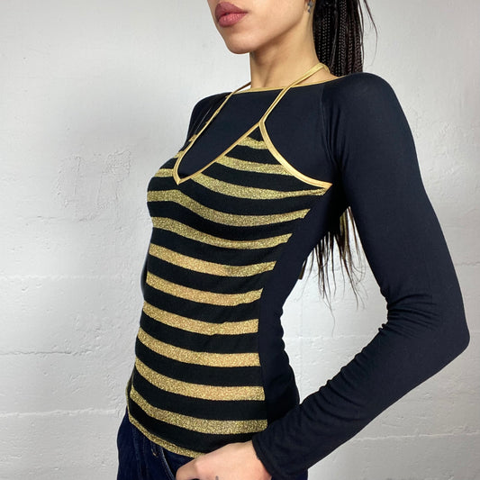 Vintage 2000's Hannah Montana Black Layered Longsleeve Top with Glittery Golden Stripes Print (S)