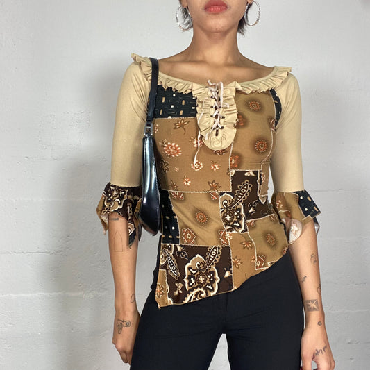 Vintage 90's Cow-Girl Lace Up Longsleeve Top with Floral and Paisley Patchwork Print (S)