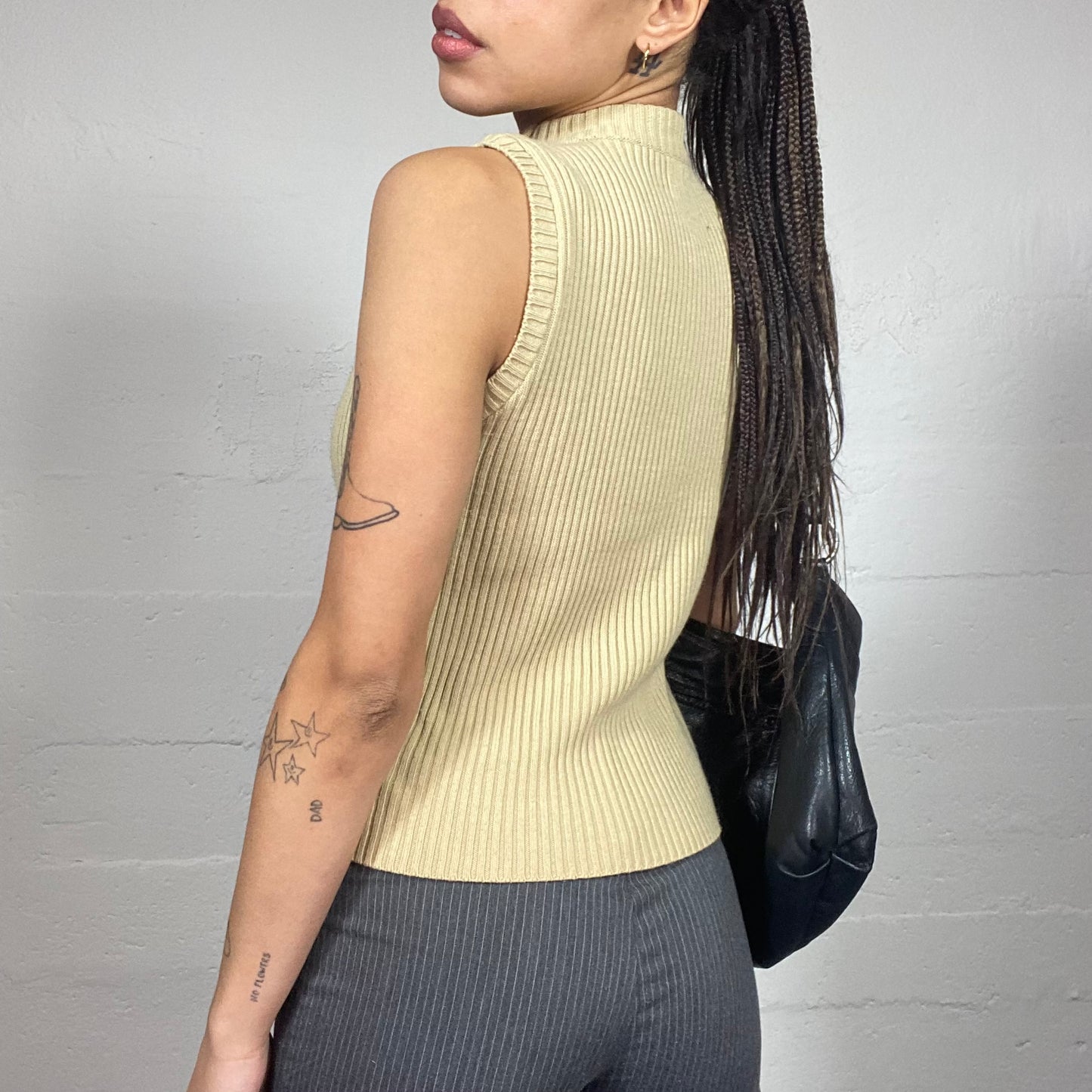 Vintage 2000's Cyber Beige Knitted Vest Top with Decorative Zips (M)