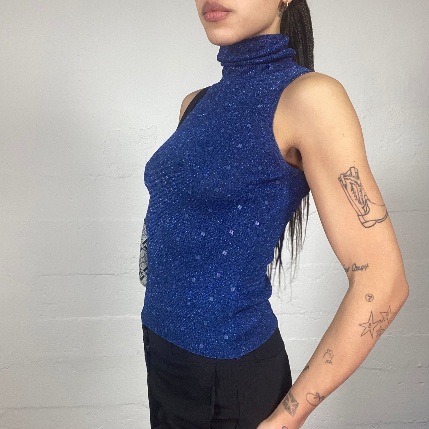 Vintage 90's Rachel Green Deep Blue  Vest Highneck Top with Square Sequins Detail (S)