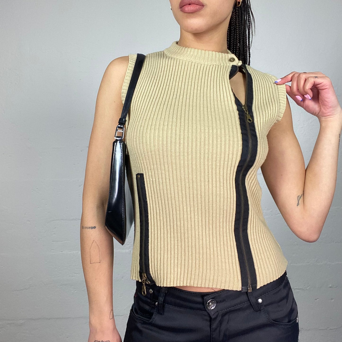 Vintage 2000's Cyber Girl Beige Ribbed Knit Vest Top with Side Zip Up Detail (M)