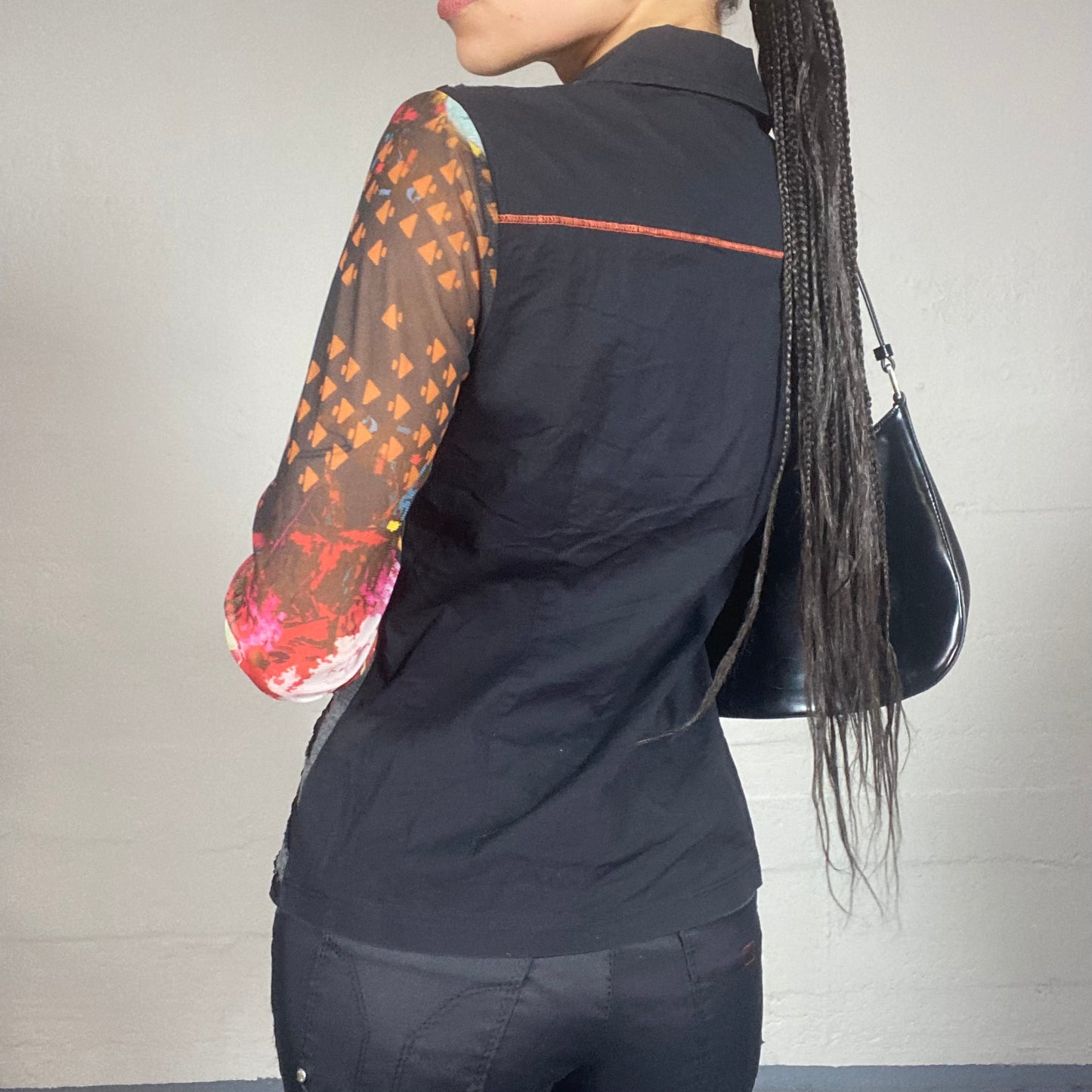 Vintage 2000's Funky Black Button Up Longlseeve Shirt with Colourful Stained Print (S/M)