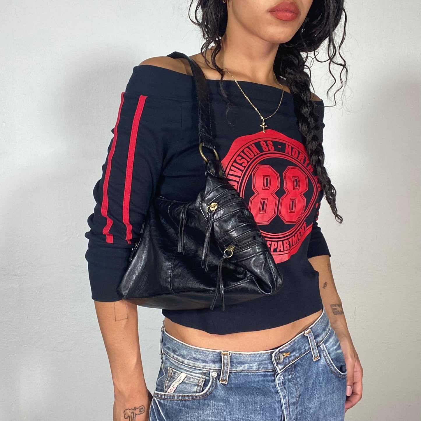 Vintage 2000's Sporty Black Off Shoulder Top with "North LA 88 Fire Department" Red Print (S/M)
