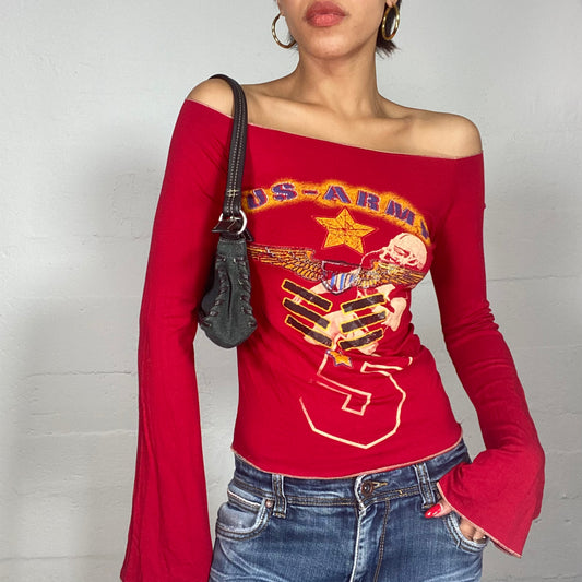 Vintage 2000's Streetwear Red Off Shoulder Top with US Army Print (S/M)