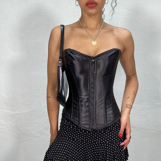 Vintage 90's Victorian Black Satin Corset Top with Zipper and Lace Up Detail (XS/S)