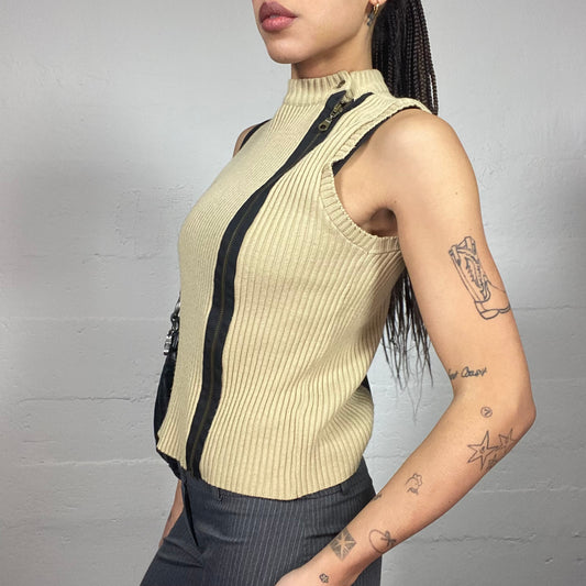 Vintage 2000's Cyber Beige Knitted Vest Top with Decorative Zips (M)