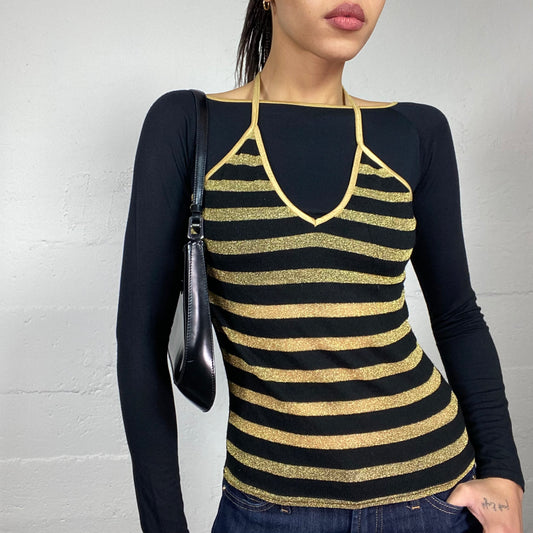 Vintage 2000's Hannah Montana Black Layered Longsleeve Top with Glittery Golden Stripes Print (S)