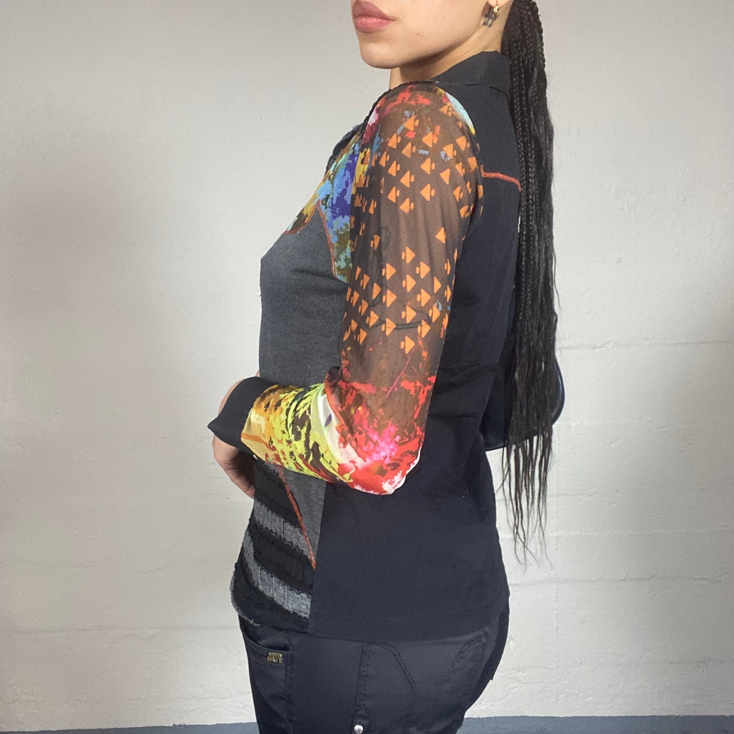 Vintage 2000's Funky Black Button Up Longlseeve Shirt with Colourful Stained Print (S/M)