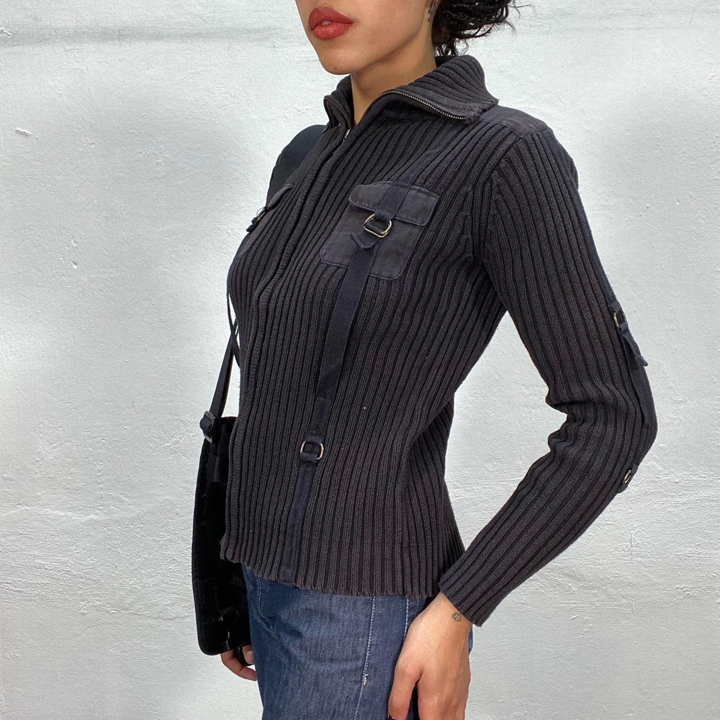 Vintage 90's Classic Washed Dark Grey Oversized Sweater with Pocket Details (S/M)