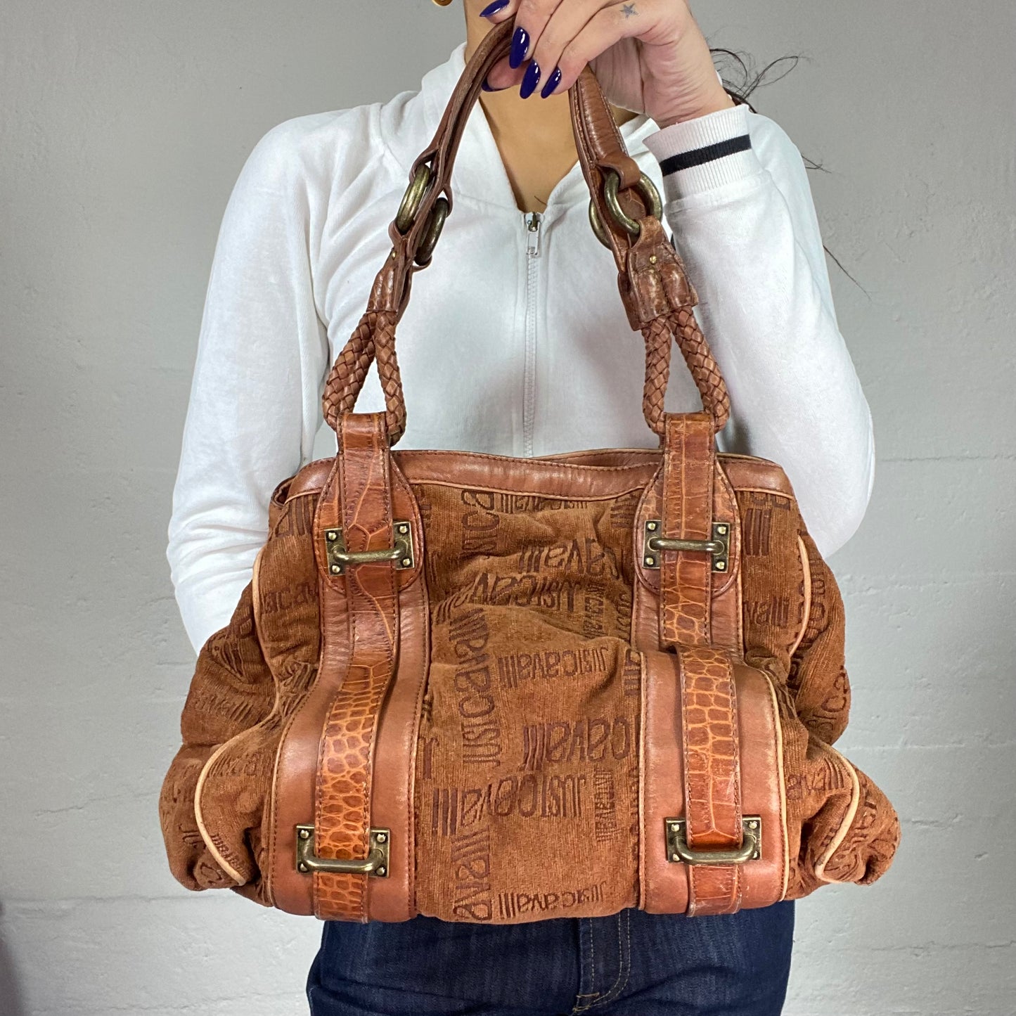 Vintage 2000's Just Cavalli Brown Maxi Leather Shoulder Bag with Monogram Brand Print