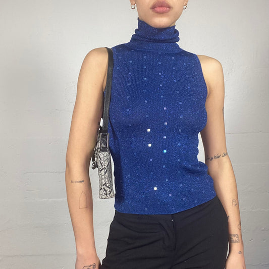 Vintage 90's Rachel Green Deep Blue Vest Highneck Top with Square Sequins Detail (S)