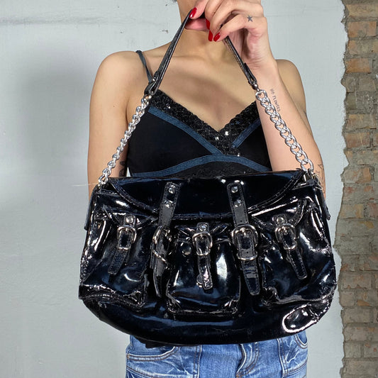 Vintage 2000's Sleaze Black Glossy Shoulder Bag with Buckle Details